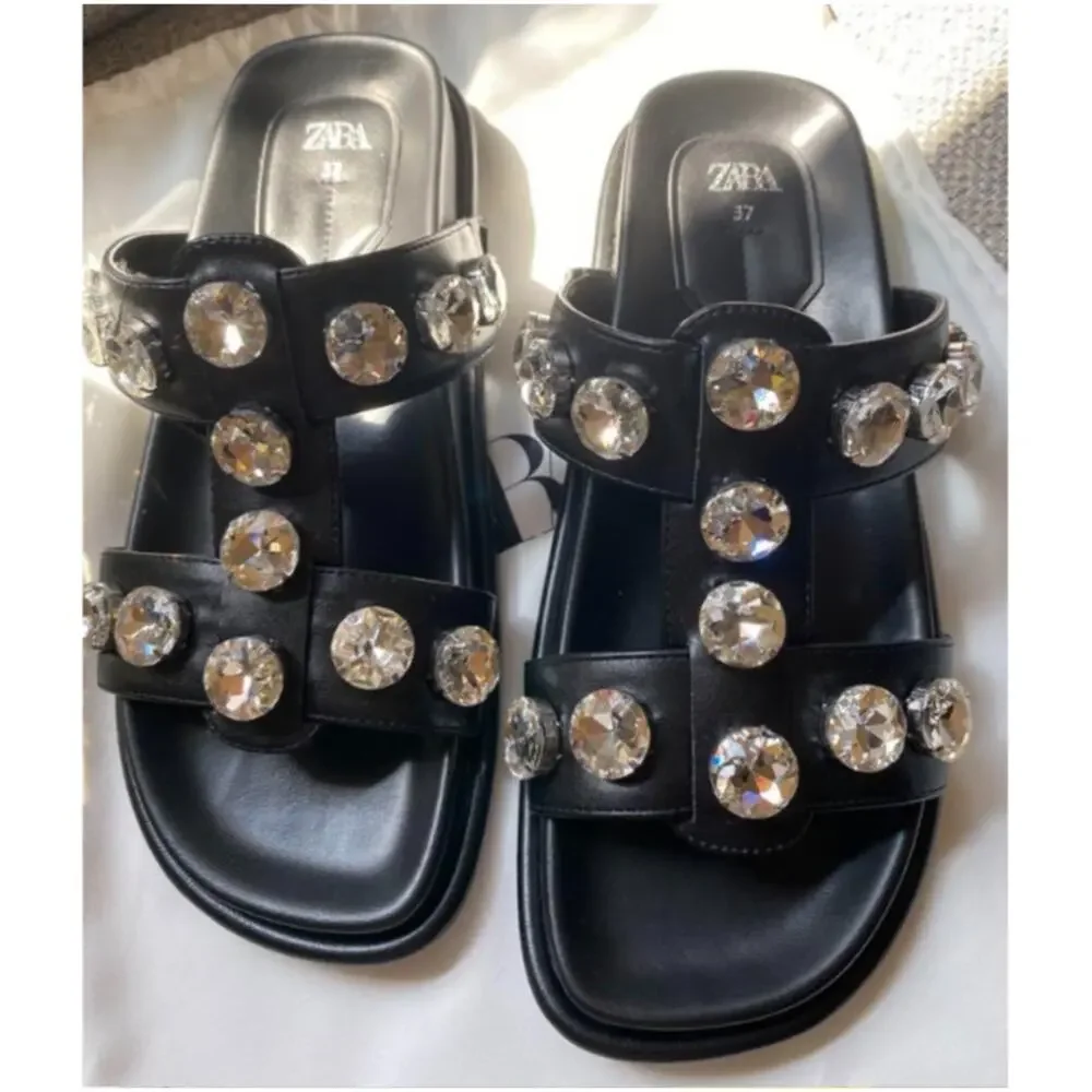 ZARA Black Crystal Embellished Flat Sandals NWT Double Strap Gem Slides Size 7.5 - Picture 10 of 16